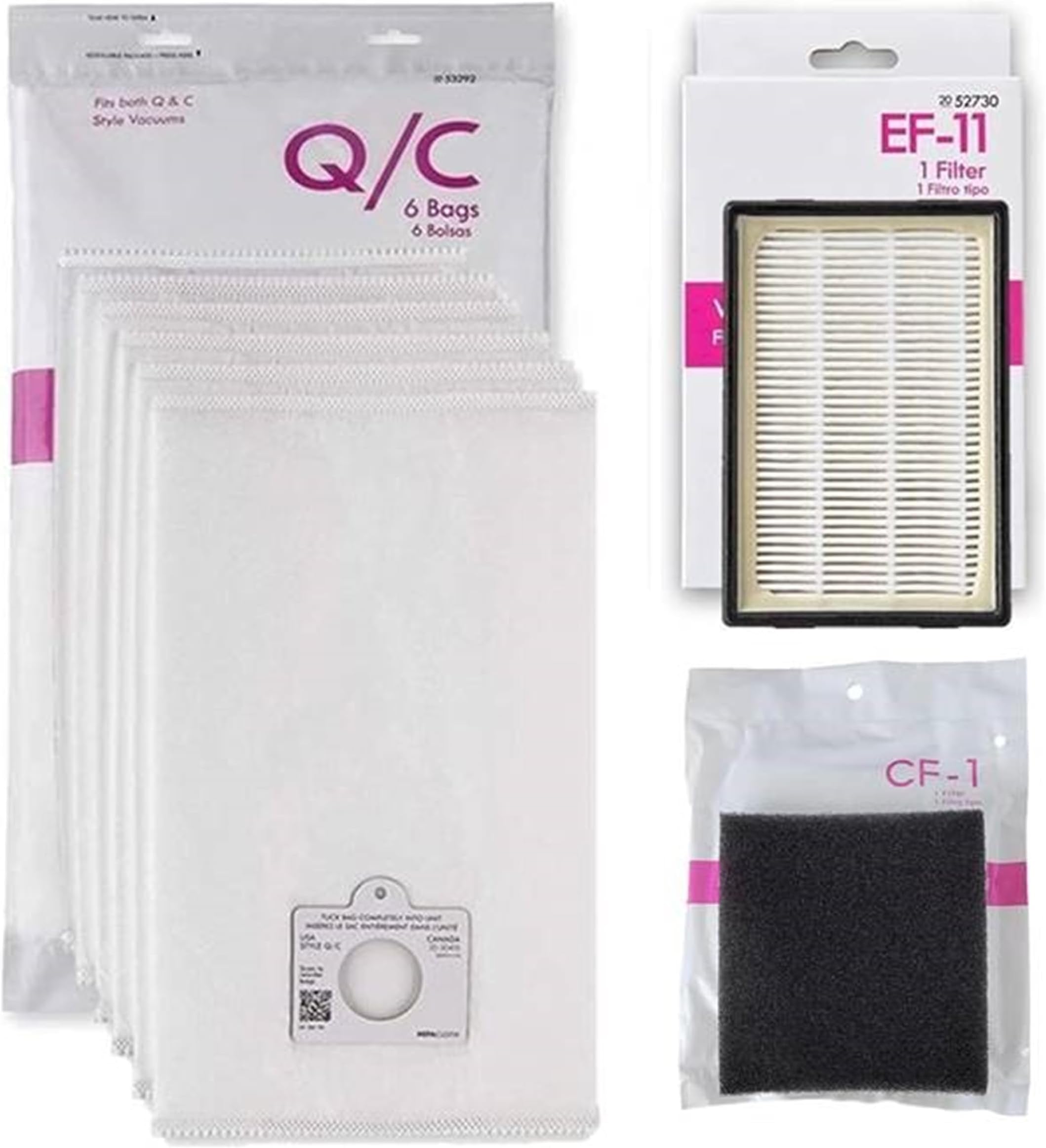 Replacement Bag & Filter Kit for Kenmore 600 Series Canister Vacuum Cleaner. 6 Q/C Bags + 1 EF-11 + 1 CF 1. Fits 81614 81615 BC4027 BC4030 w Pet PowerMate. #'s C/Q 53292 5055 50558 50104 52730 81002