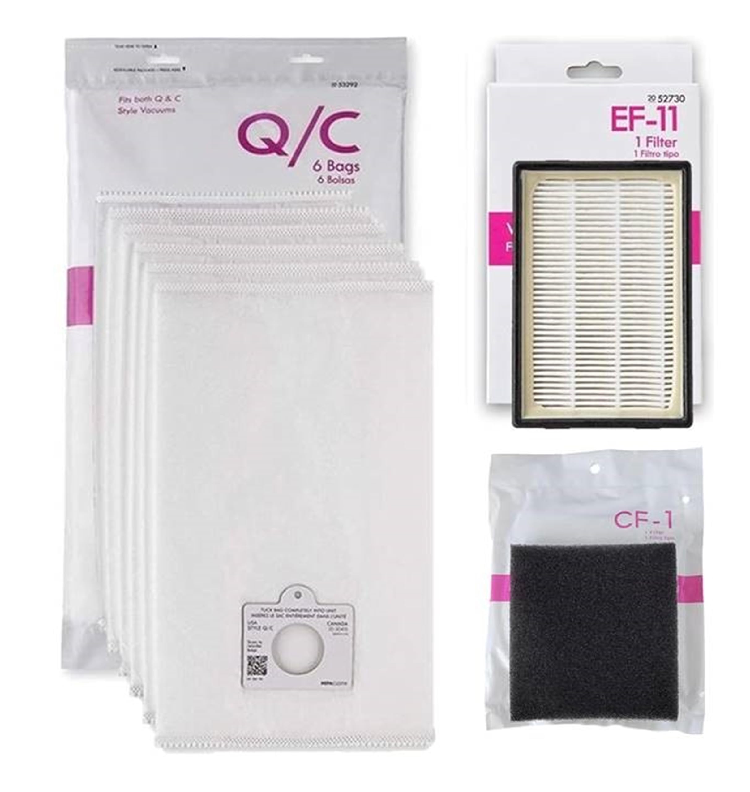 Replacement Bag & Filter Kit for Kenmore 600 Series Canister Vacuum Cleaner. 6 Q/C Bags + 1 EF-11 + 1 CF 1. Fits 81614 81615 BC4027 BC4030 w Pet