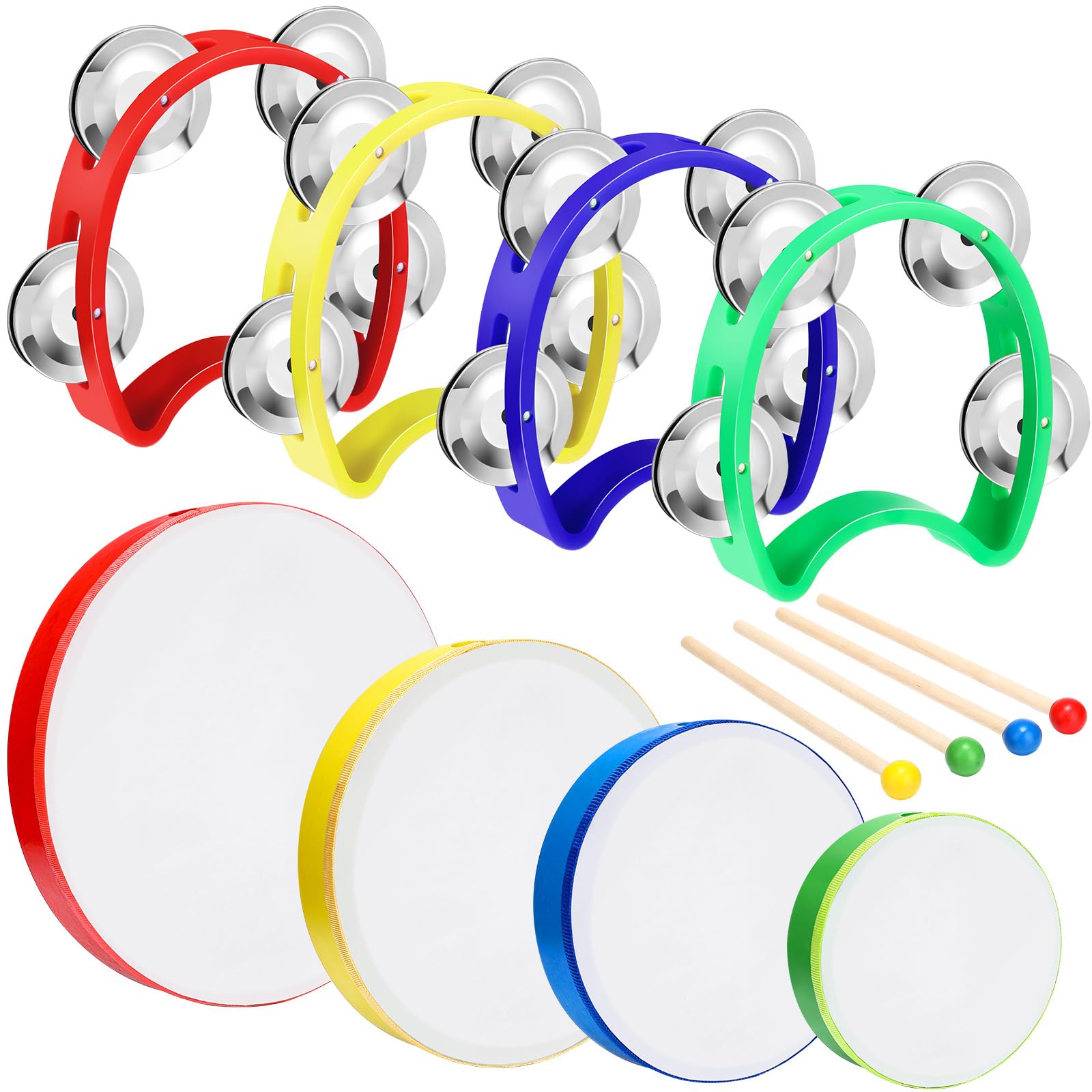 Seenelling 8 Pcs Hand Drum Set - Wood Frame, Plastic Tambourines with Drum Stick for Beginners, Adults, Party Supplies, Home, Multicolor