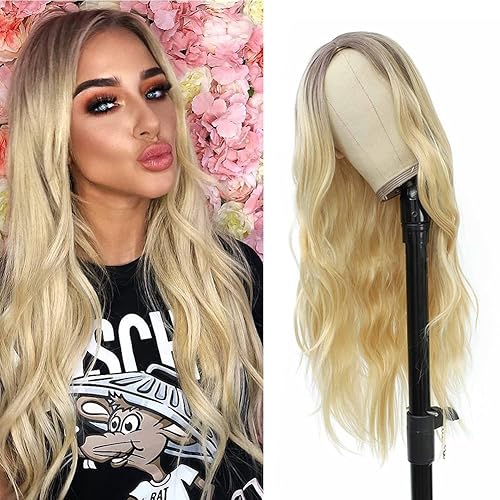 Peluca sintética rubia ombré larga, ondulada en el medio, línea de cabello natural, raíces oscuras, pelucas rubias para mujeres, resistente al