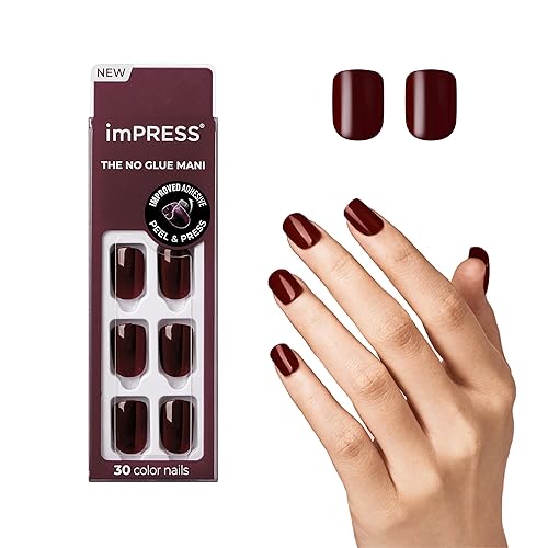 KISS imPRESS - Uñas a presión sin pegamento Mani, color I'm Not a Cinna, rojo, tamaño corto, forma cuadriculada, incluye 30 uñas, almohadilla de