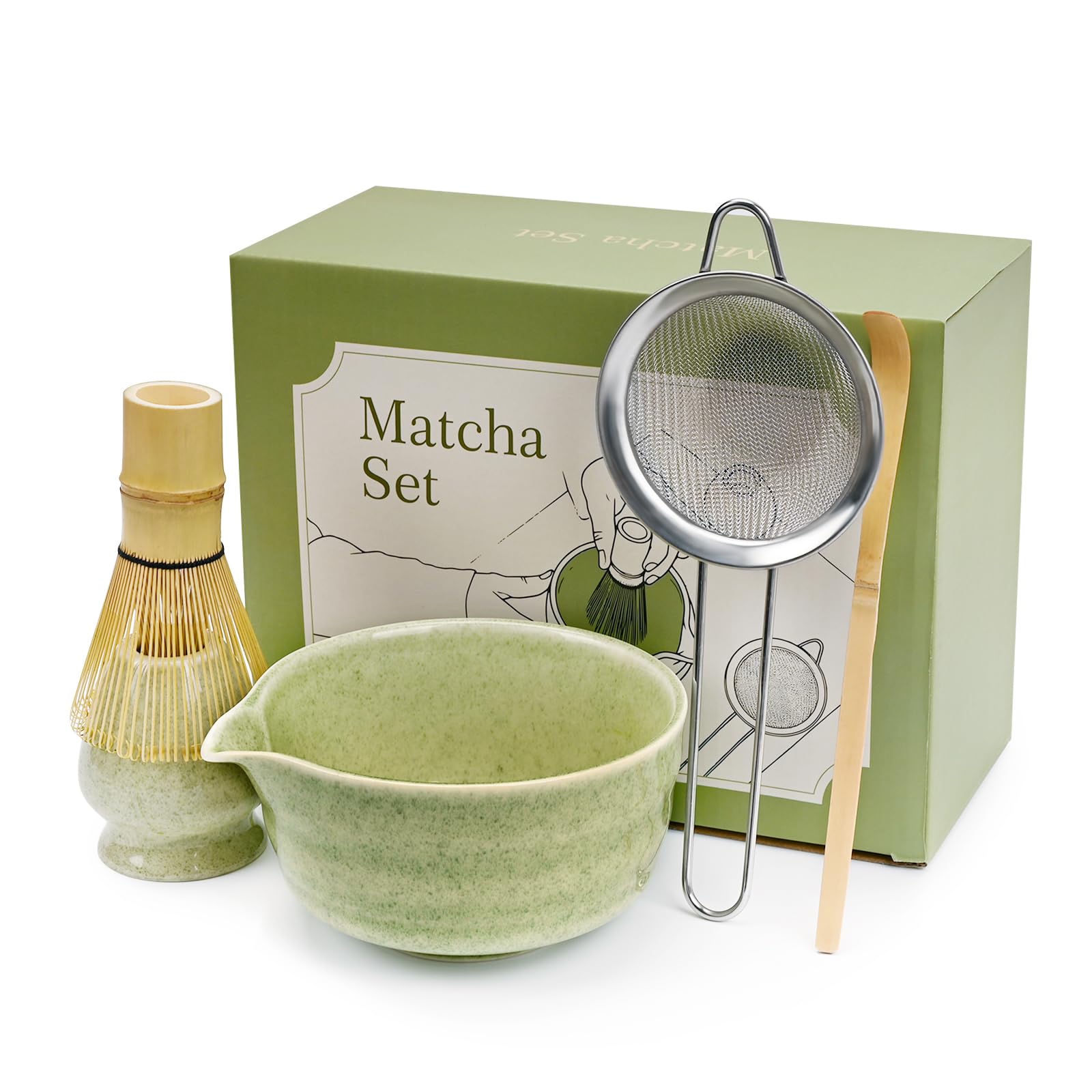 Green Matcha Whisk Making Set - Japanese Tea Kit with Whisk Bowl and Bamboo Scoop Ceramic Chawan with