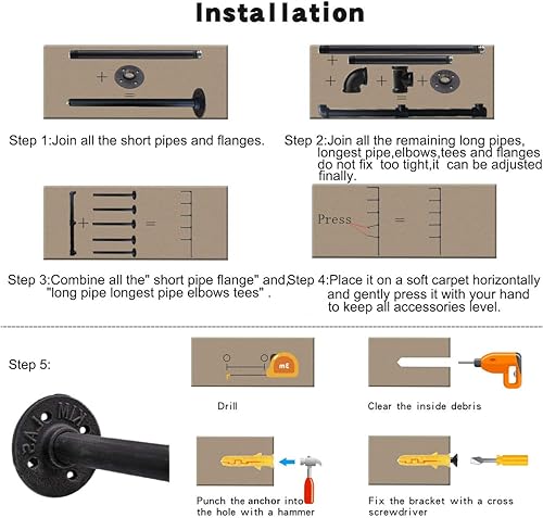Miniatura 5 de (68 pulgadas de alto, 10 pulgadas de profundidad) para montaje en pared industrial de tubería de hierro, estante vintage retro para colgar en el