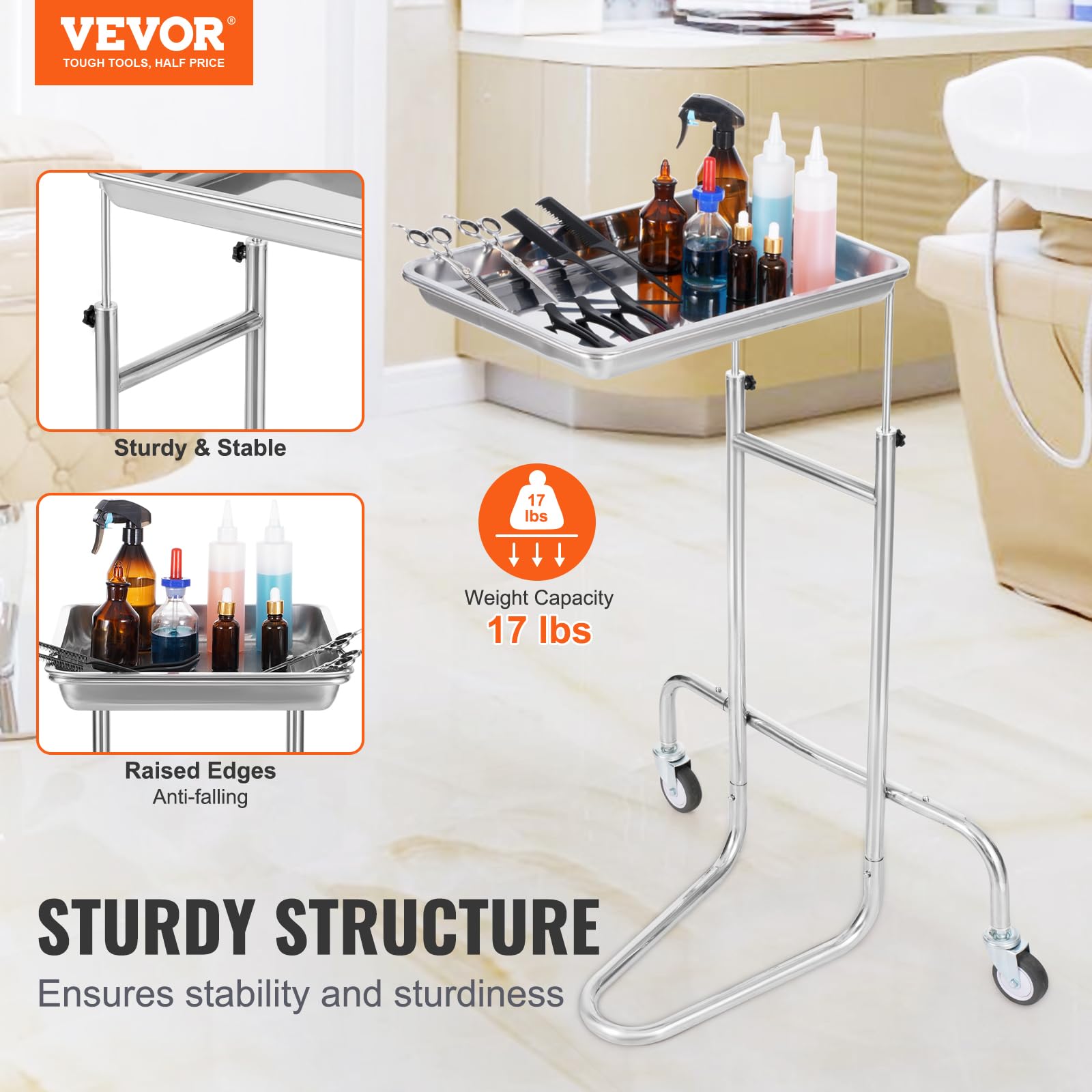 VEVOR Chariot de Laboratoire en Acier Inoxydable, Chariot Médical Mobile avec Plateau Unique, Chariot Utilitaire Hauteur Réglable, avec 2 Roues Silencieuses, pour Laboratoire, Clinique, Hôpital, Salon