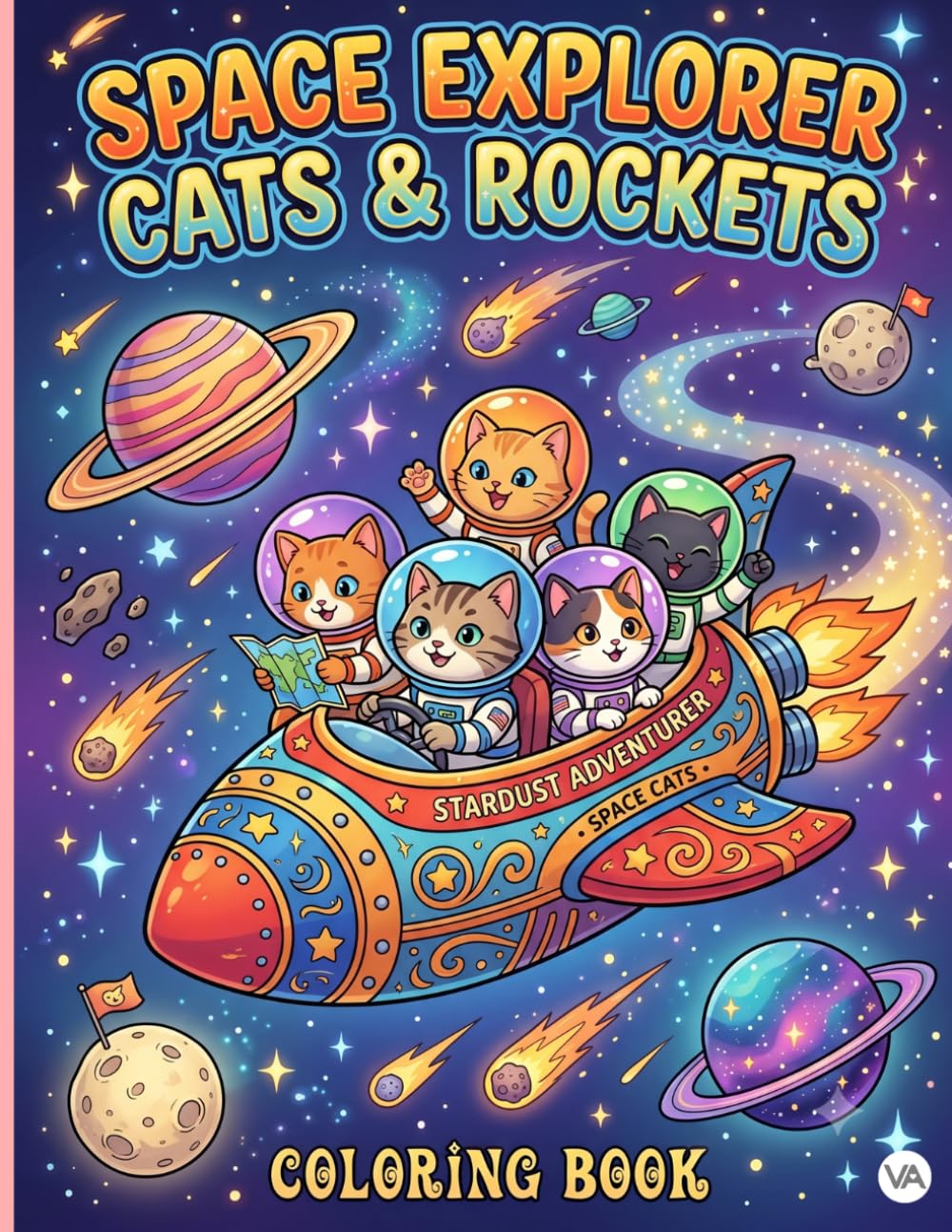 Space Explorer Cats & Rockets Coloring Book: Cute Astronaut Cats Flying Spaceships and Discovering Planets | Fun Outer Space Activity Pages for Kids Ages 5-8, Boys, and Girls