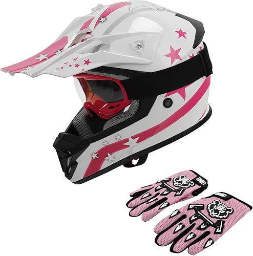 XFMT - Juego de casco DOT con gafas y guantes para motocross, cuatrimoto y vehículos todoterreno para niños y jóvenes, casco Mx, estrella rosada