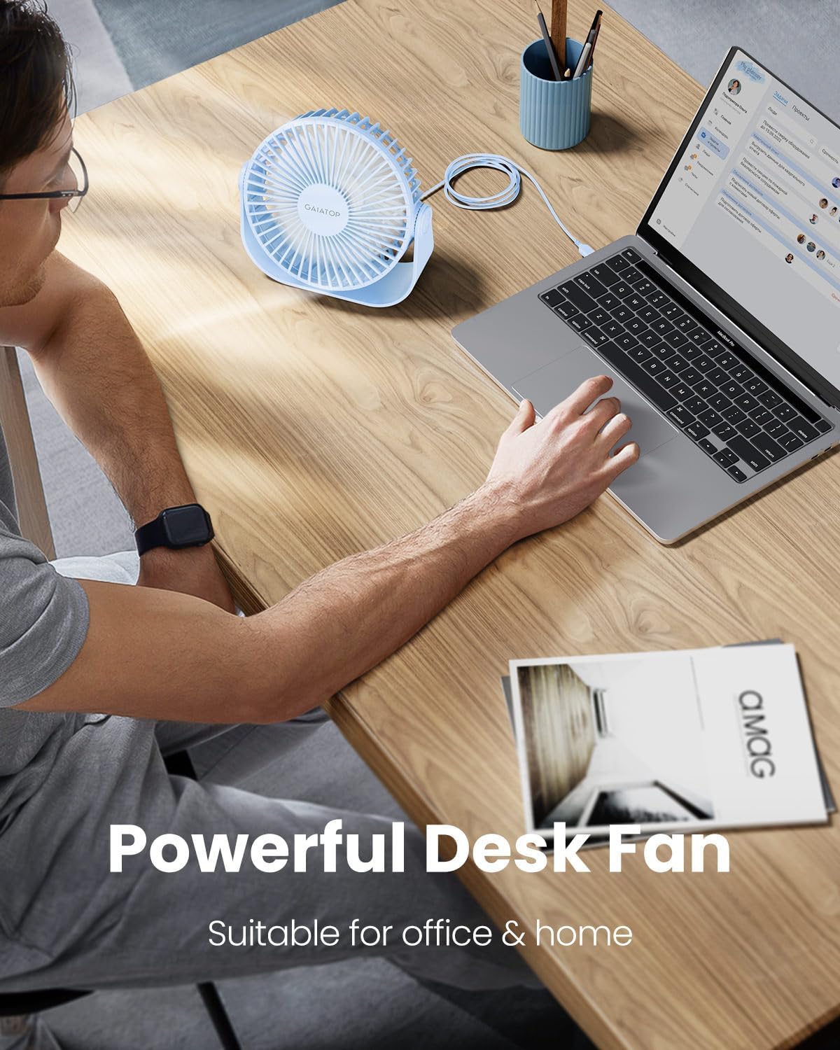 gaiatop usb desk fan, 3 speeds strong airflow, 5.5 inch portable 90° rotate quiet cooling, small personal table fans for bedroom home office travel blue