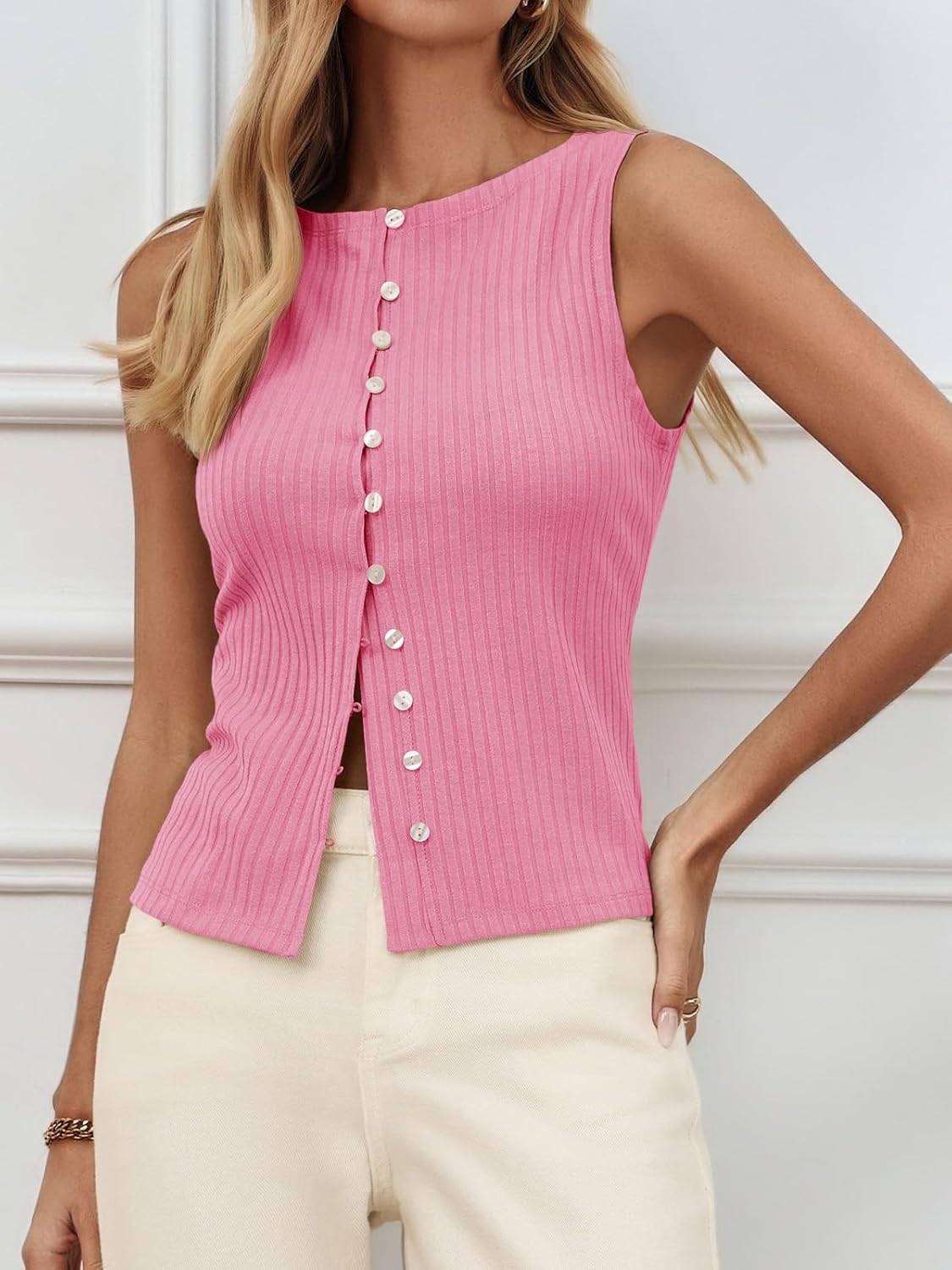 Tankaneo Womens Button Down Ribbed Tank Tops Cropped Cute Y2k Vest Tops Summer Going Out Outfits - Image 2