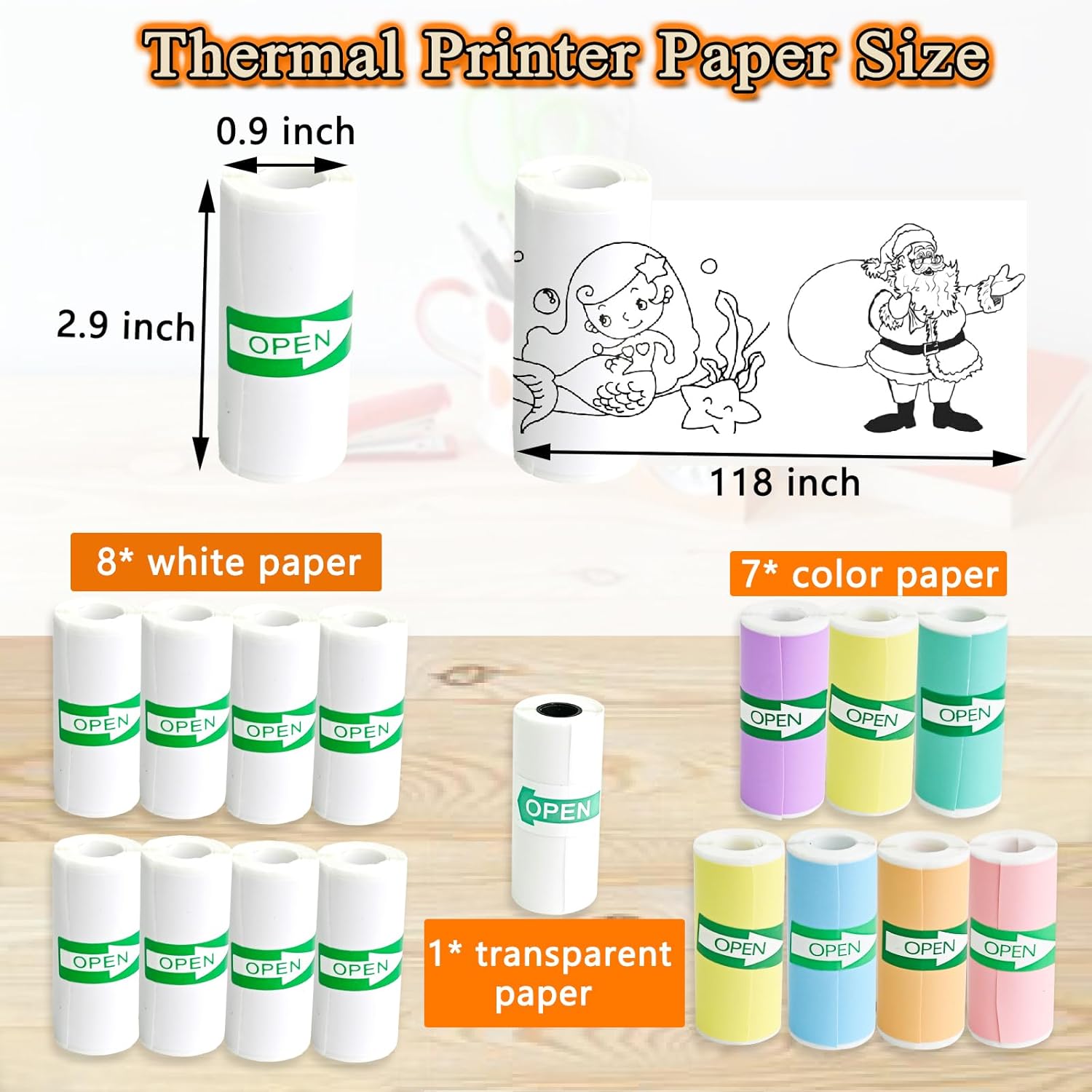 Thermal Sticker Paper - 16 Rolls Mini Printer Paper for Mini Sticker Printer, Self-Adhesive Printing Paper, 7 Colored & 8 White & 1 Transparent Roll for Photo, Lists, Study Notes, Journals(57 x 25 mm) - Image 7