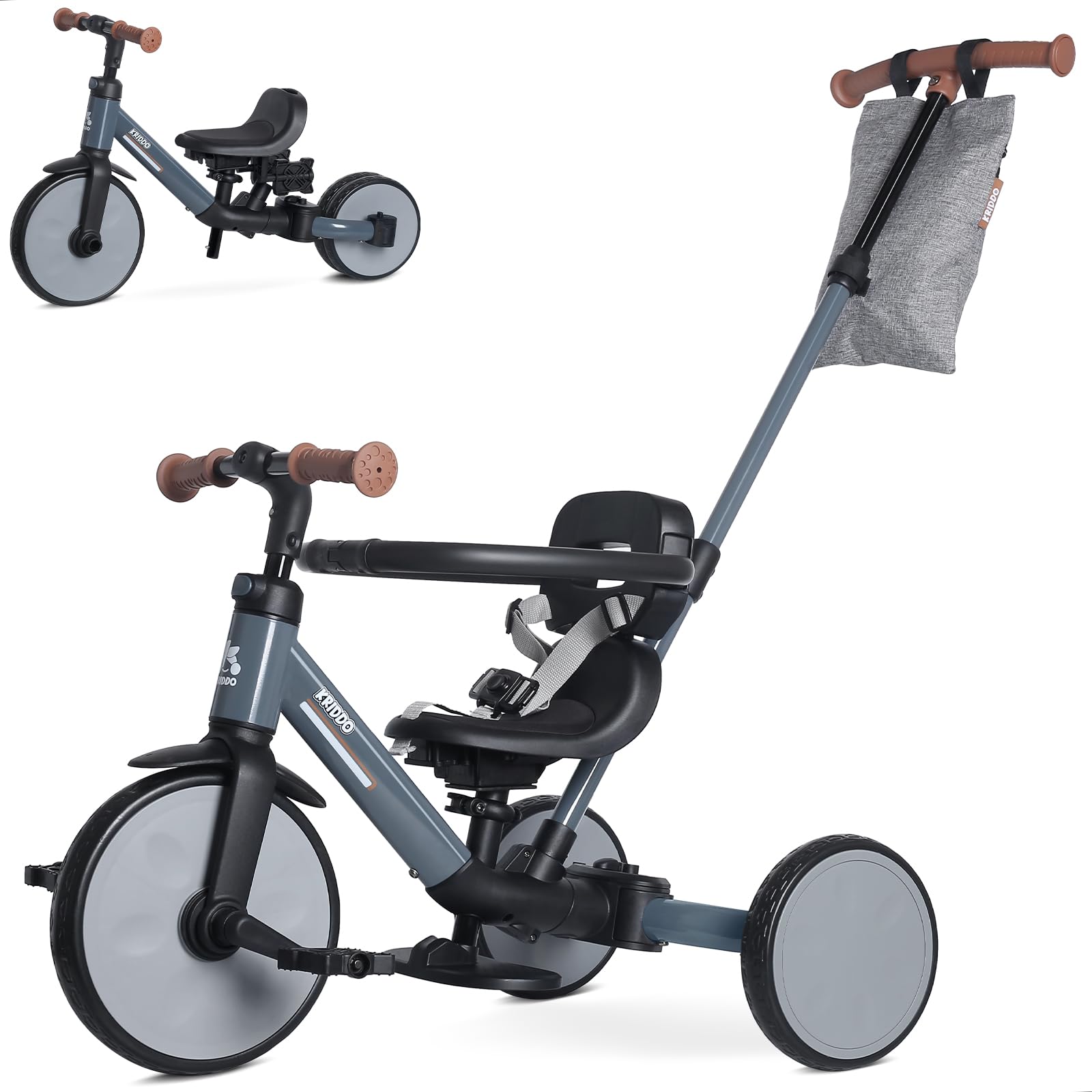 KRIDDO 6-in-1 Toddler Tricycle for 1.5–5 Years, Convertible Baby Trike with Parent Push Handle, Steering Trike & Balance Bike, 3-Point Harness & Storage Bag, for Boys & Girls, Grey