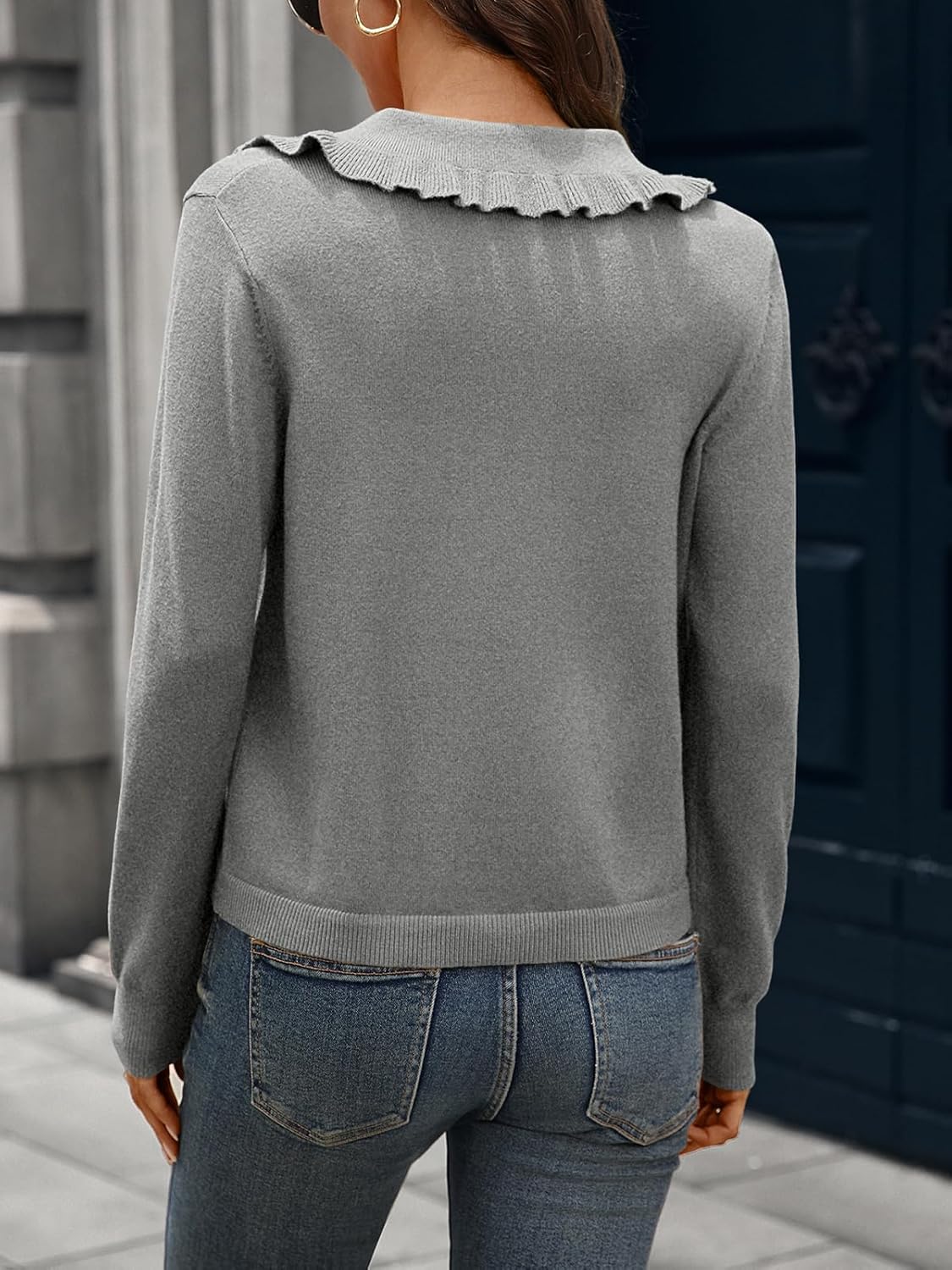 Women's Cropped Cardigan Ruffle Collar Button Down Sweater Long Sleeve Bolero Shrug Sweaters for Dress - Image 6