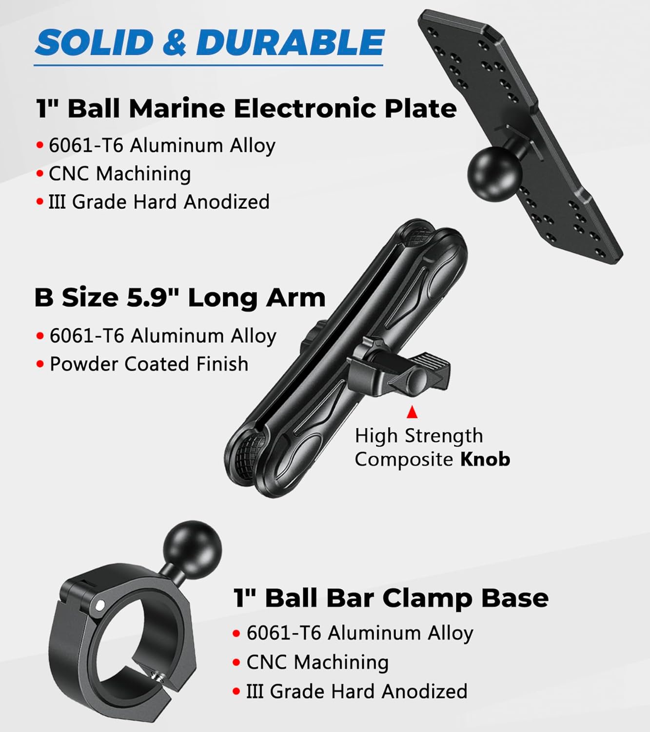 Aluminum Alloy 1" Ball Fish Finder Mount, 5.9" Long Arm Marine Electronic Mount with Bar Clamp Base, Fit 1.5" 1.65" 1.75" 1.85" 2" Round Rail, for Garmin, Lowrance, Humminbird, Raymarine