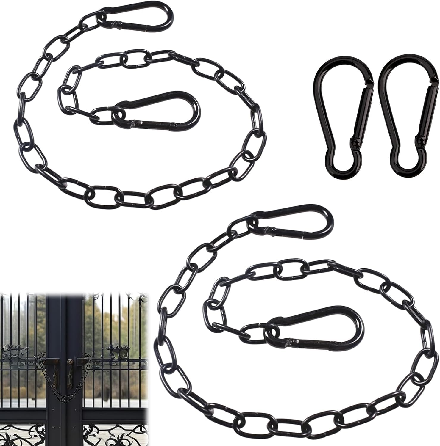 Hwanme 2 Pcs Gate Chain Lock,Black Metal Chains,Stainless Steel Gate Link Chain Lock with 2 Detachable Carabiners for Outdoor Fences, Pet Cages, Horse Goat Cow Corrals（20 Inch and 24 Inch）