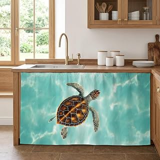 Cabinet Curtain Sea Turtle Baby Swimming in Water Desk Curtain 28x51in, Washable Under Sink Skirt for Kitchen Bathroom Laundry, Blue Green Ocean Privacy Self-Adhesive Shelf Curtains