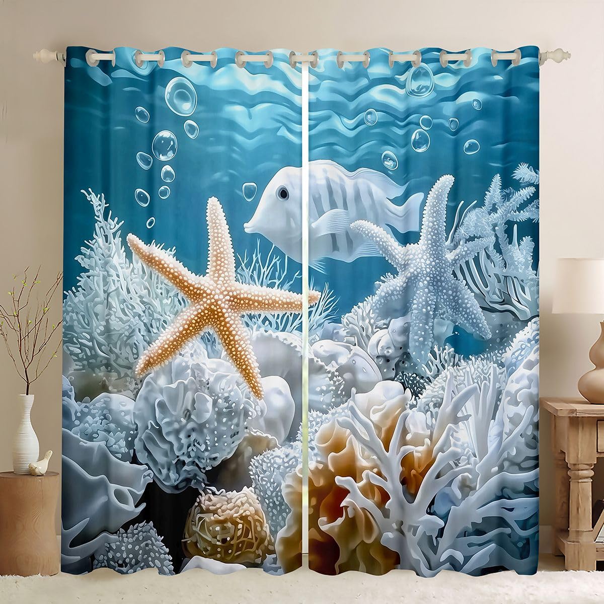 Lot de 2 rideaux de fenêtre pour adultes et enfants - Taille XL - Blanc corail - Bon rideau occultant - Marine Life - Océan bleu - 245 x 140 cm