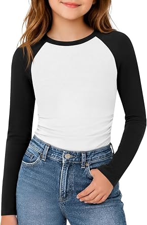Haloumoning Girls Long Sleeve Shirts Raglan Color Block Slim Fit Cute Tops