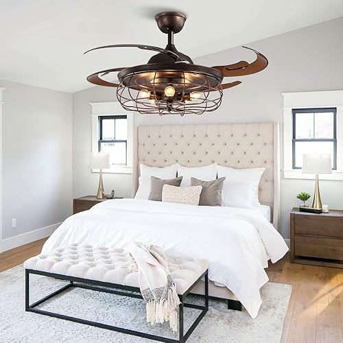 Miniatura 9 de CROSSIO Ventilador de techo retráctil de 48 pulgadas con luces, lámpara industrial oxidada inversa con control remoto para sala de estar, comedor y