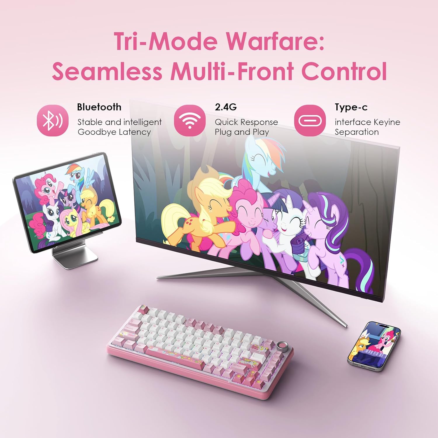 My Little Pony Wireless Mechanical Keyboard - 81 Keys RGB Gaming Keyboard with Custom Linear Switches, Hot-Swap & Knob Control, Triple Connection (BT5.0/USB-C/2.4GHz), Compact for Work & Gaming