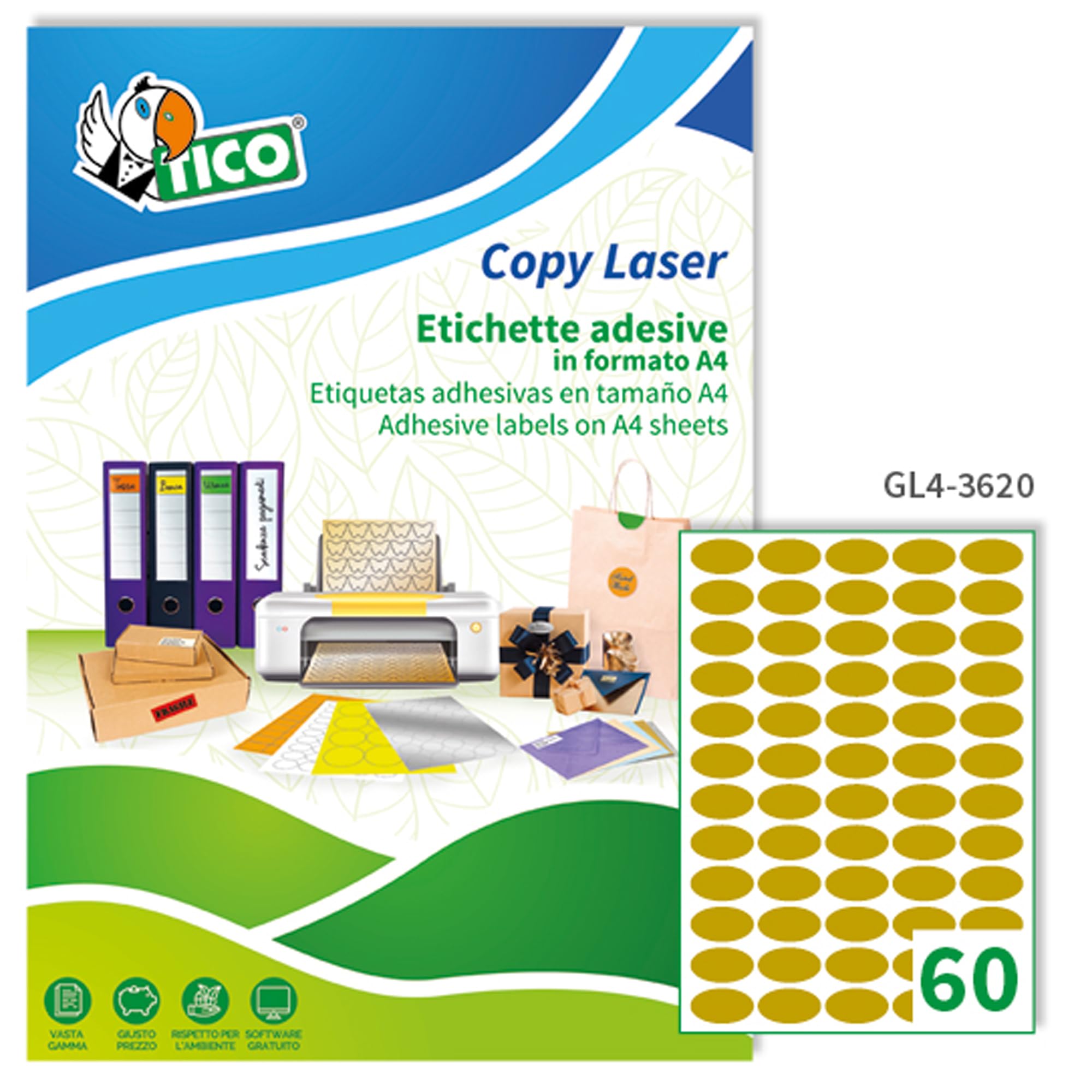 Tico Italia GL4-3620 Etichette adesive carta oro, 100 fogli A4, ovali 36x20mm, 60 etichette per foglio, adesivo permanente, stampanti laser, tipografiche e serigrafiche
