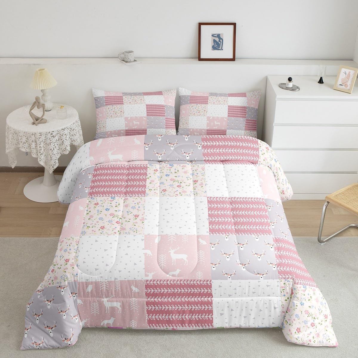Castle Fairy Deer Antler Comforter Set Queen Size,Deer Wild Animal Hunt Plaid Geometric Bedding Set for Women Adult,Pink Flowers Floral Leaves Patchwork Luxury Bed Duvet Insert, 2 Pillowcases