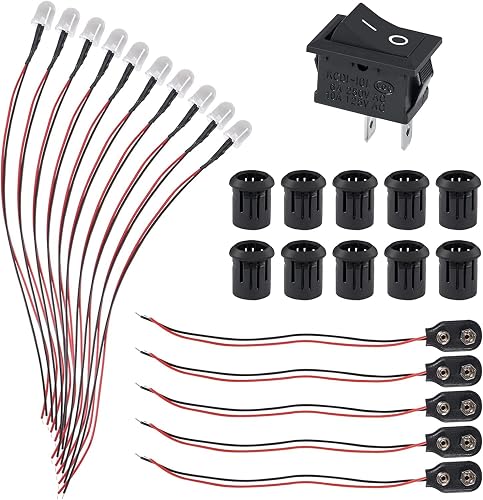 ATNSINC 26pcs/Set DC 12V LED Diodes 10mm LED Light Lamp Bulb Prewired Emitting Diodes with Holder, Battery Clip and Switch for DIY Home Decoration(White)