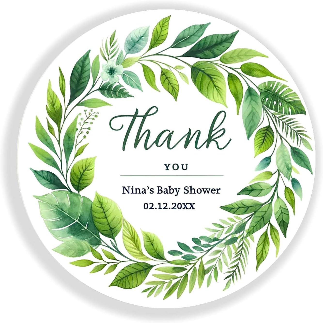Personalized Customized Labels Tags,Customizable Stickers Tropical Green Leaves Baby Shower Thank You Classic Round Sticker for Business Custom Made Stickers, 100 Stickers3X3