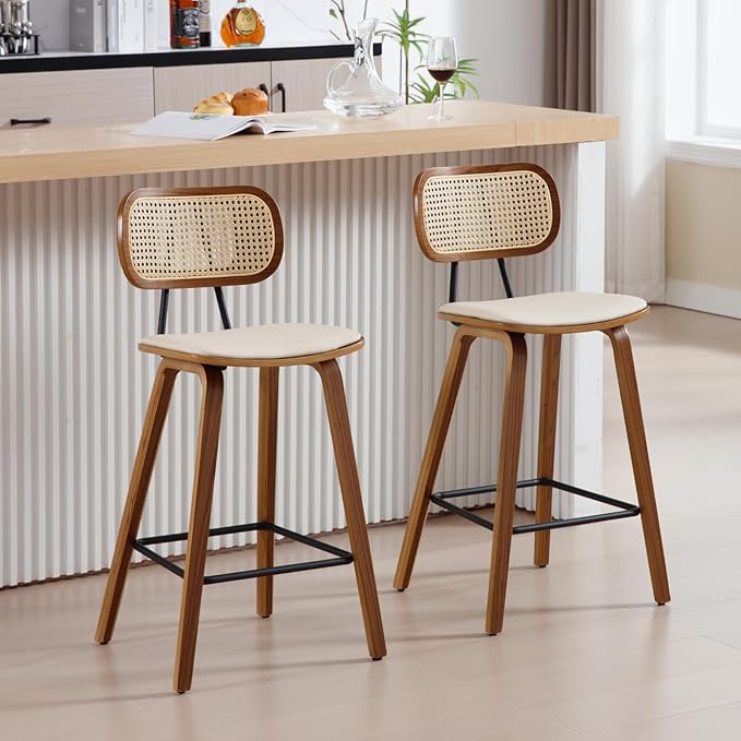 HEAH-YO Modern Counter Stools Set of 2, 26 Inches Counter Height Bar Stools with Rattan Back and Wood Legs, PU Leather Rattan Stools for Kitchen Island, PU Beige