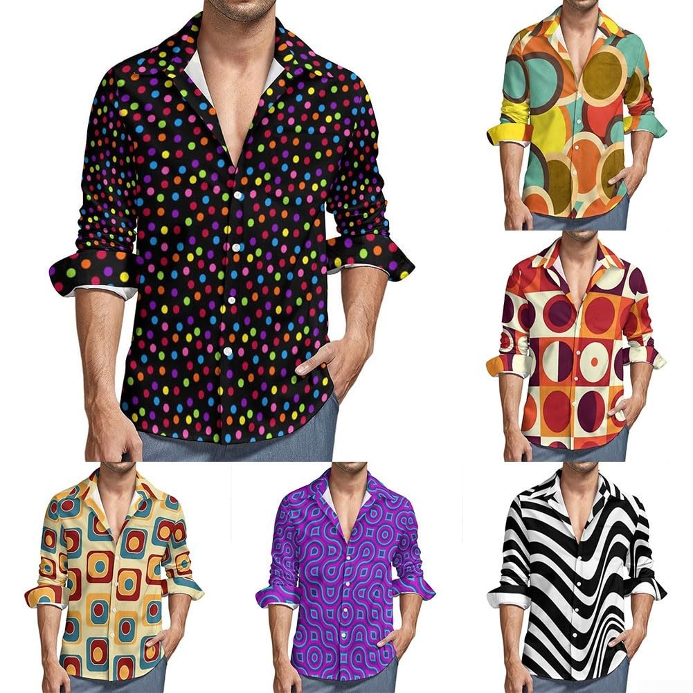 Camicia a maniche lunghe da uomo in stile vintage anni '70 con stampa 3D alla moda (M giallo)