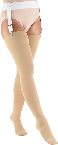 Truform 30-40 mmHg Medias de compresión para hombres y mujeres muslo de longitud alta puntera cerrada beige mediano