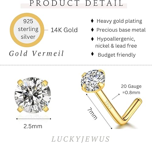 Miniatura 3 de 14k Gold Plated Sterling Silver Small L Shaped Nose Rings Studs for Women Men 20g, 20 Gauge Nostril Nose Piercing Jewelry, Hypoallergenic Gold Nose