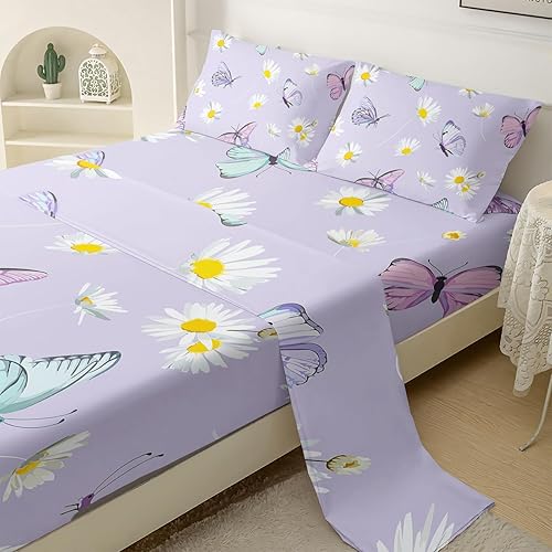 Miniatura 3 de Juego de sábanas de mariposa morada, juego de sábanas de 4 piezas con estampado de mariposas de 16 pulgadas de profundidad para