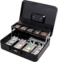 Vista 12 de Jssmst Caja de Efectivo con Bandeja de Dinero y Cerradura - Caja de Efectivo Roja con Cerradura de Llave, Caja de Dinero Segura Grande, Cajón