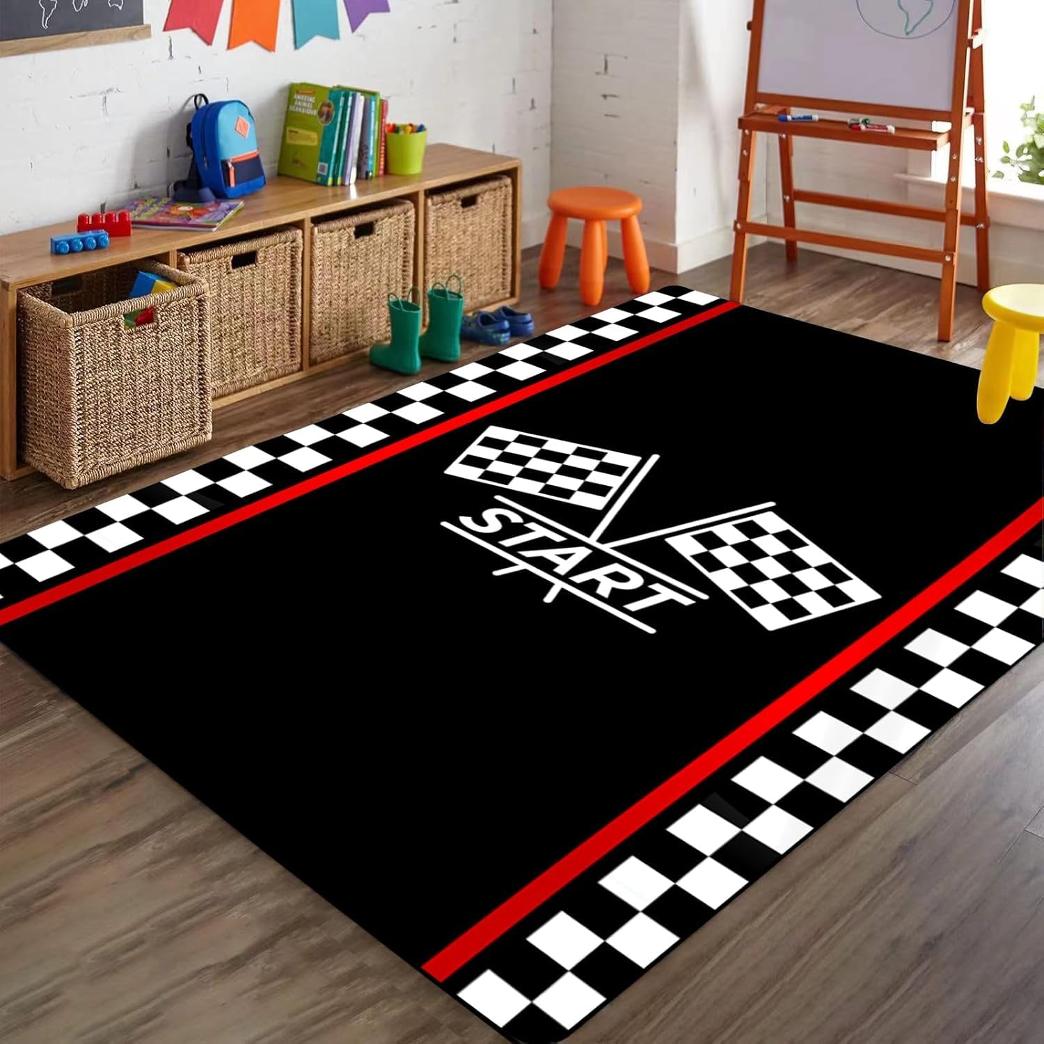 Bycmuoz Race Track Rugs for Living Room, 180x230cm, Car Racing Black and White Checkerboard Flag Runner Mat，Pet Friendly Machine Washable Rugs, Foldable Soft Anti-Skid Mat for Family