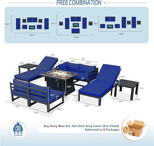 Miniatura 202 de NICESOUL 7 Piece White Powder-Coated Aluminum Patio Furniture with Fire Pit Table, 29 Inch Extra Wide Outdoor Sectional Sofa for 6, High-End Heavy