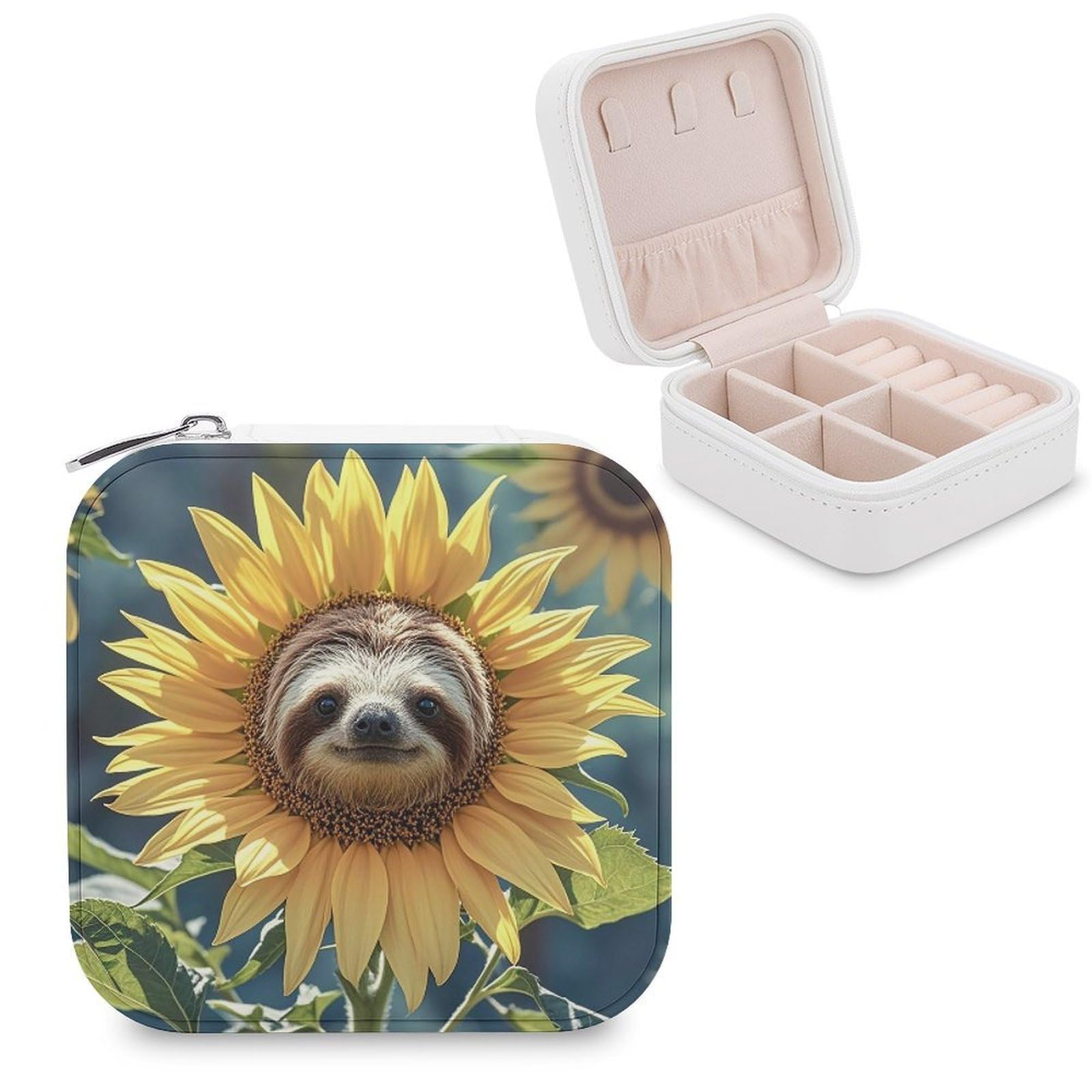 LZQPOEAS Sloth Sunflower Jewelry Box Mini Jewelry Travel Case Trendy Stuff Ring Box Custom PU Leather Jewelry Boxes Portable Jewelry Case Earring Storage Organizer for Girls Women