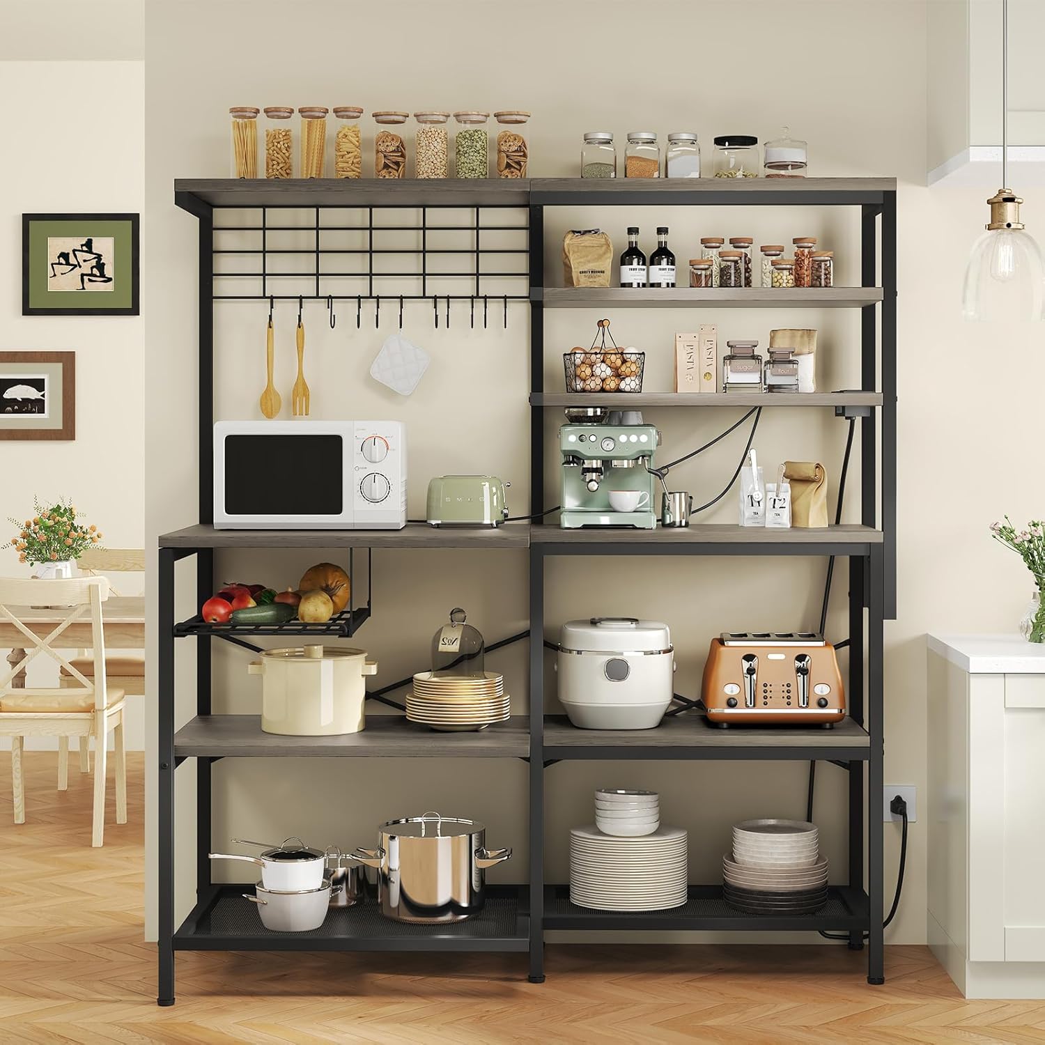 L-Shaped Bakers Rack with Power Outlet, 6-Tier Microwave Stand with Storage, Coffee Bar, Kitchen Shelf with Wire Basket, Hooks, Grey