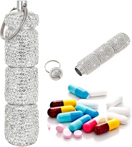 Pastillero portátil con llavero, con diamantes de imitación, pequeño contenedor de píldoras con purpurina impermeable, llavero para mujer, botella