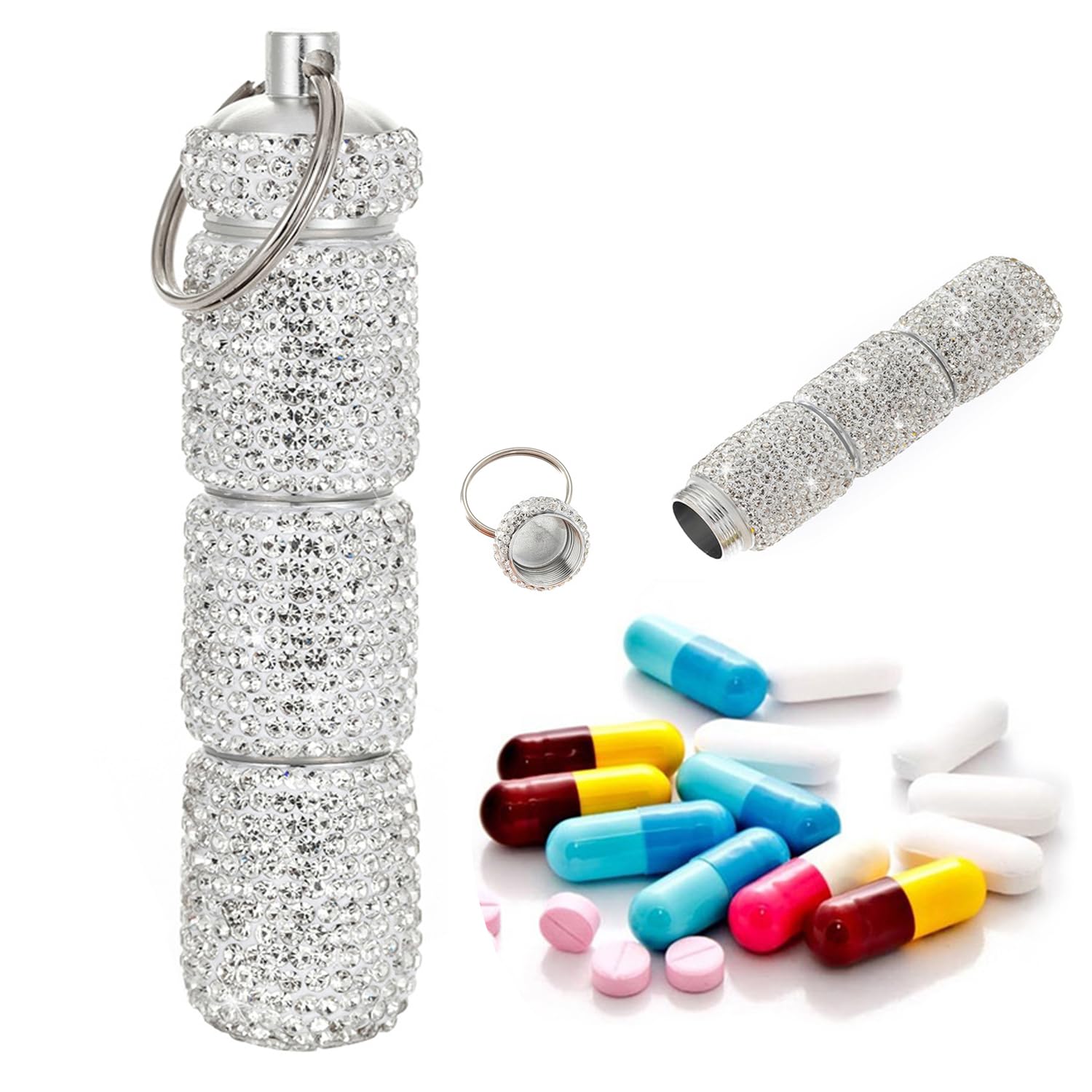 Bling Portable Pill Case with Keychain，Bling Rhinestone Small Fancy Pills Container Glitter Waterproof Holder Keychain for Women Aluminum Bottle