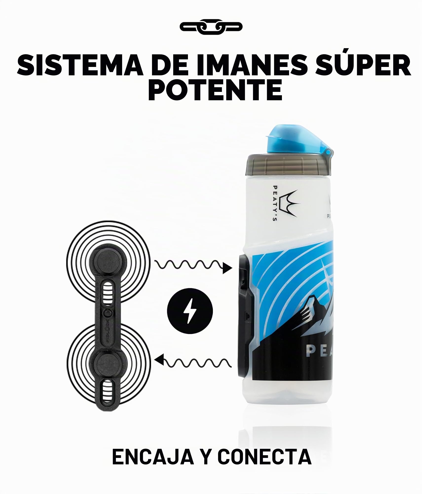 Peaty's X Fidlock Lockin Botella de Agua Magnética para Bicicleta Pequeña con Base de Fijación - Sistema de Giro y Liberación, Soporte sin Jaula para Ciclismo - 450 ml, Montaña, Transparente
