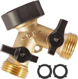 Garden Hose Splitter 2 Way Heavy Duty, Easy Grip Handle | Brass Hose Y Splitter with Shutoff Valve, Water Spigot Outdoor Faucet Splitter Y Adapter with 2 Extra Rubber Washers