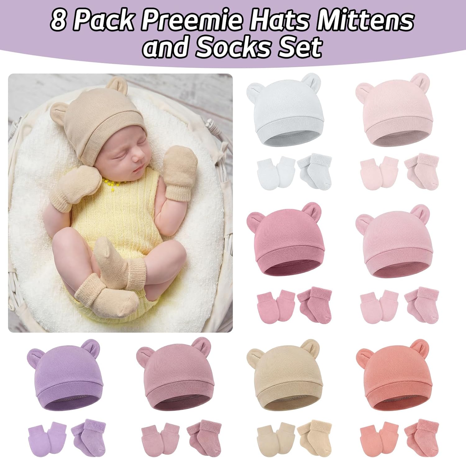 Geyoga 8 Pack Preemie Hats Mittens and Socks Set for Premature Baby Boys Girls Nicu Newborn Gifts Essentials