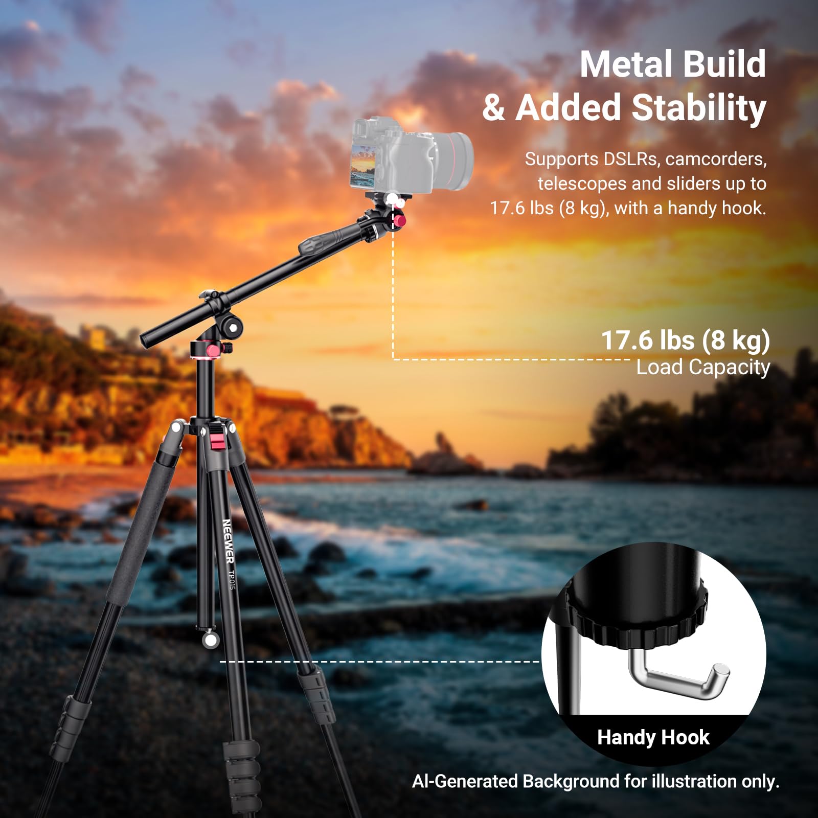 NEEWER BASICS Statyw do kamery górnej, monopod z głowicą płynu i poziomą kolumną środkową, wysokość 75,4 cala, metalowy stojak podróżny DSLR, płyta QR typu Arca i odwracalne nogi, maksymalne