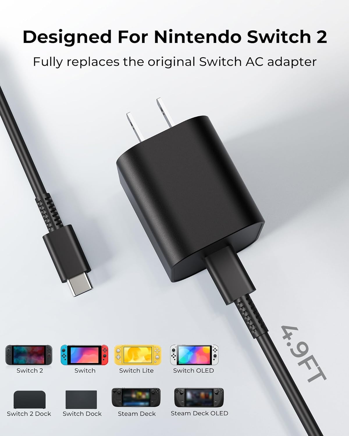 Antank 60W Switch 2 Charger, 20V 3A PD Fast Charging Power Adapter for Nintendo Switch, Lite, OLED & Steam Deck, 4K TV Dock Support, 4.9FT USB C Cable,Official Switch2 Replacement Accessories - Image 2