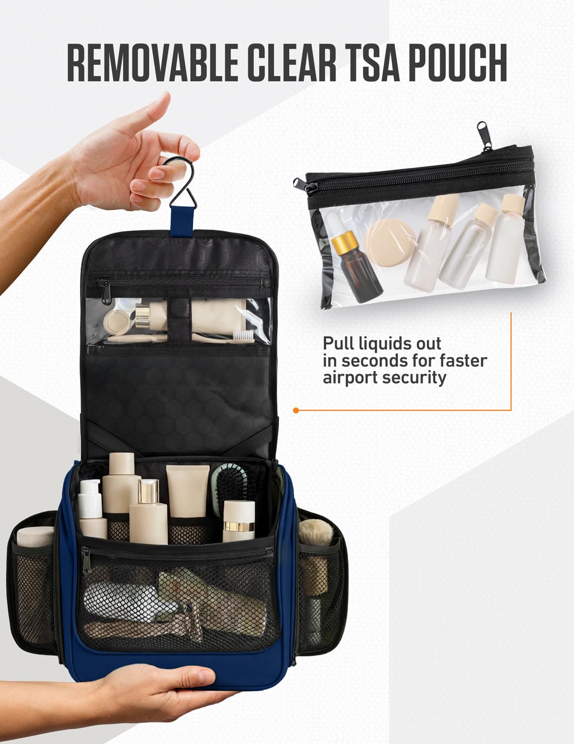 VENTURE 4TH - Neceser de viaje colgante para hombres y mujeres, 18 compartimentos, Azul marino, Minimalista