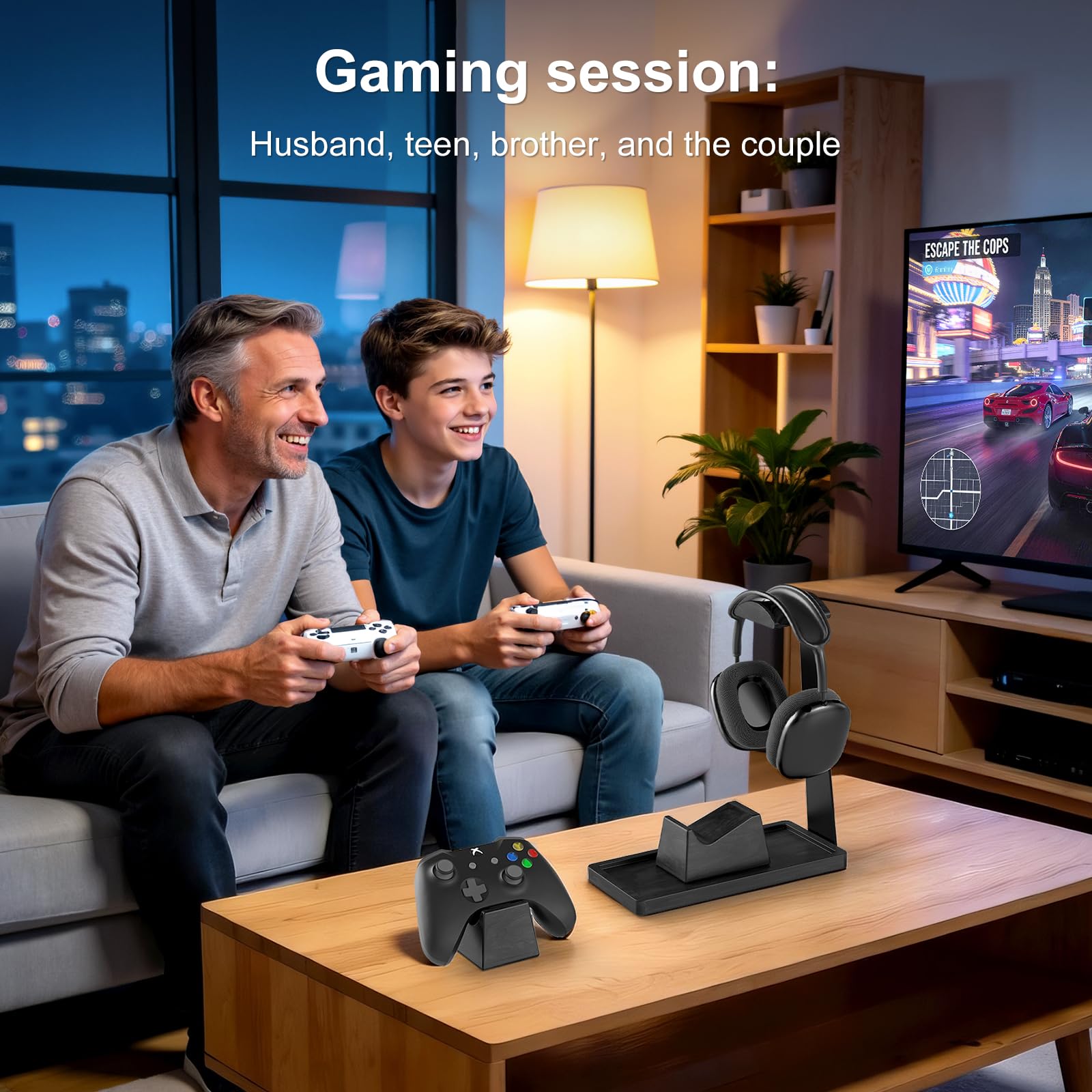 Headset-Ständer mit 2 Controller-Haltern – Massivholz & Metall, Gaming-Kopfhörer-Halter für Schalter, Controller und Schreibtischzubehör (schwarz)
