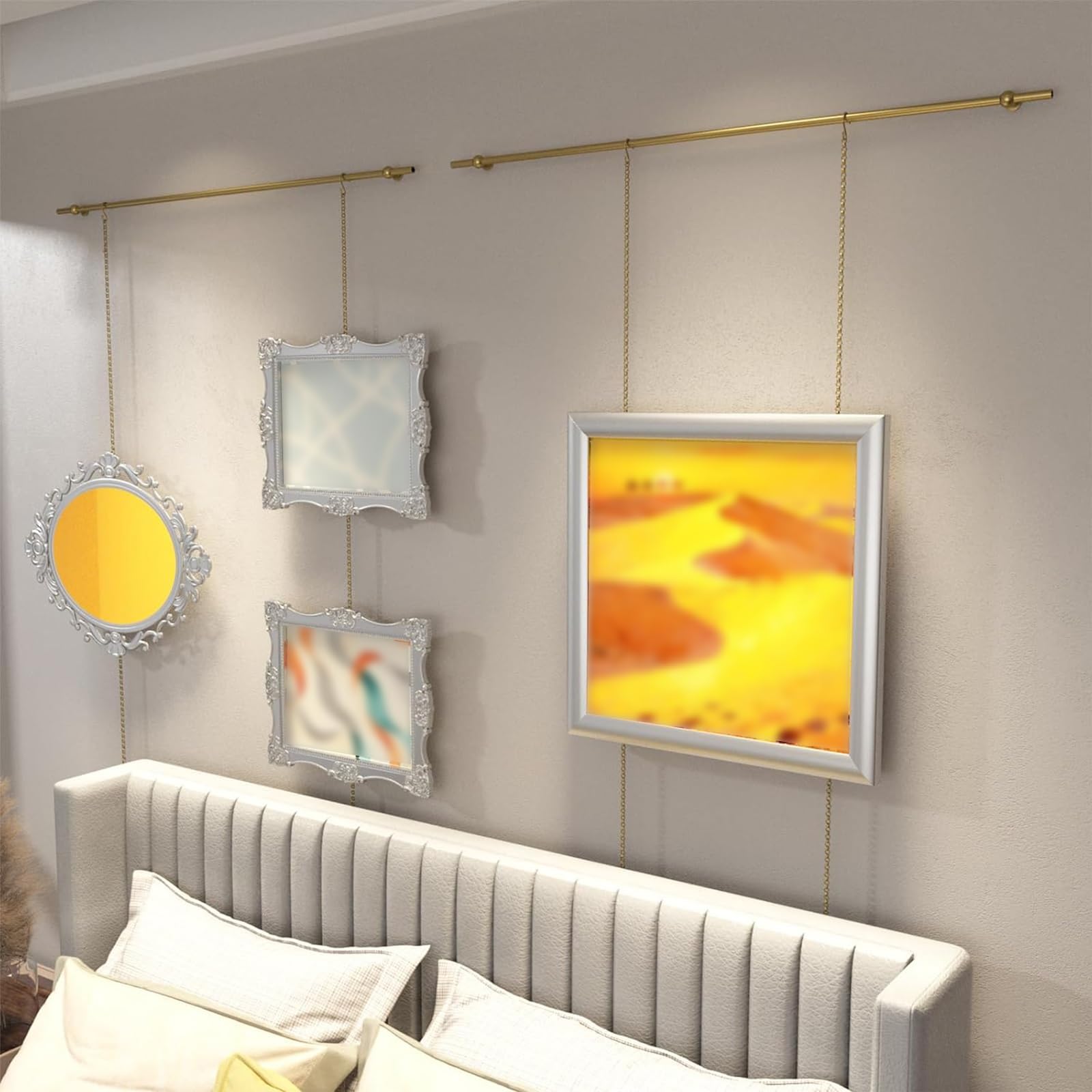 Galerie Kunst Hängeschiene aus Messing, Bilderschienenhaken mit Verstellbaren Goldketten und Haken for Mehrere Bilderrahmen, Fotos und Kunstwerke(130cm/51in)