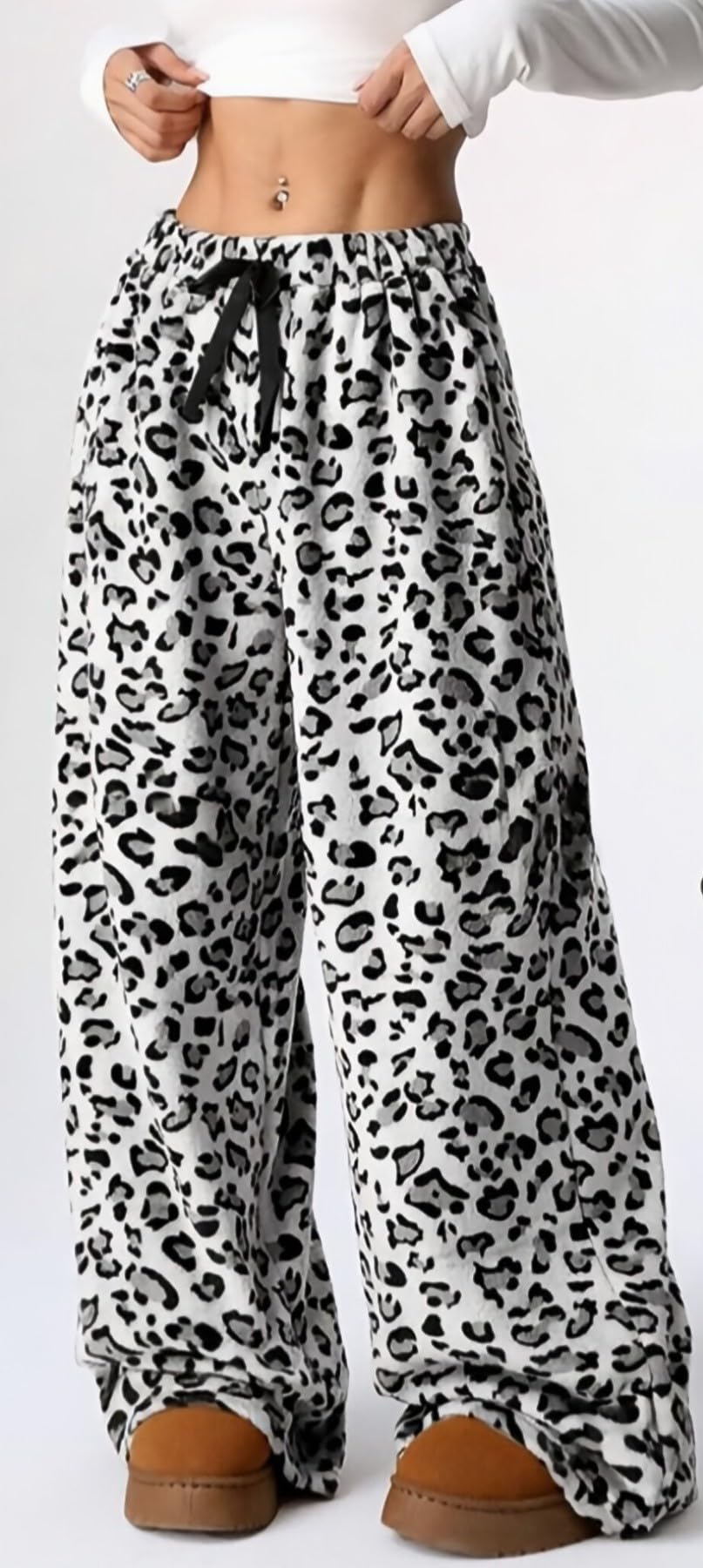 WINKEEY Mujer Pantalones de Pijama Largo Peludo Leopardo Pantalon Pijama Mujers Suaves Cómodas Partes de Abajo de Pijamas Otoño Invierno