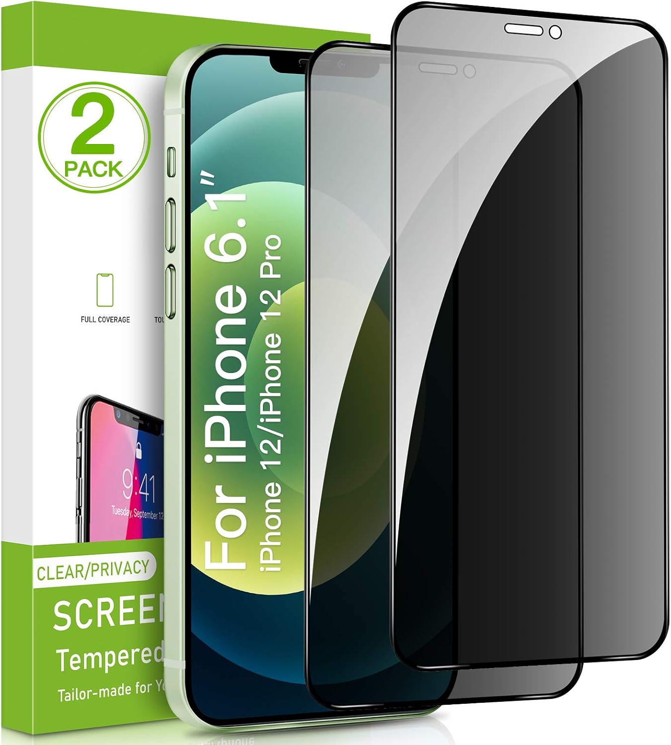2Pack Privacy Screen Protector for iPhone 12/iPhone 12Pro, Premium 4D Curved Edge to Edge Full Coverage Privacy Tempered Glass Screen Protector for iPhone 12/iPhone12 Pro(6.1 inch)