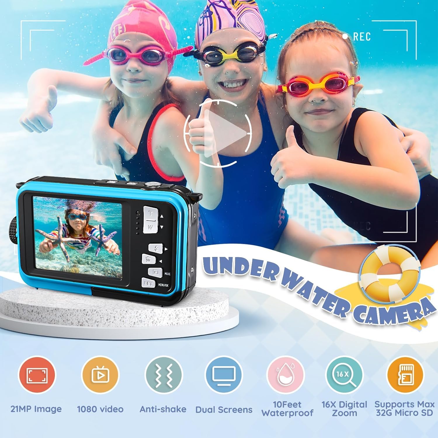 Cámara Digital Impermeable,Couleeur Full HD 2.7K 48MP Doble Pantalla Anti-Shake con micrófono LED Disparador automático y Zoom Digital 16X para niños Adolescentes (Azul)