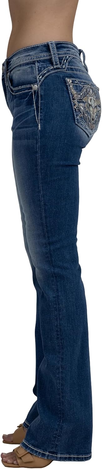 Miss Me Women's Mosaic Steer Skull Embellished Mid-Rise Bootcut Jeans
